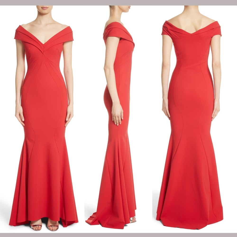 NEW $1190 Chiara Boni La Petite‎ Robe Tally Off Shoulder Gown Red [SZ 46 ]